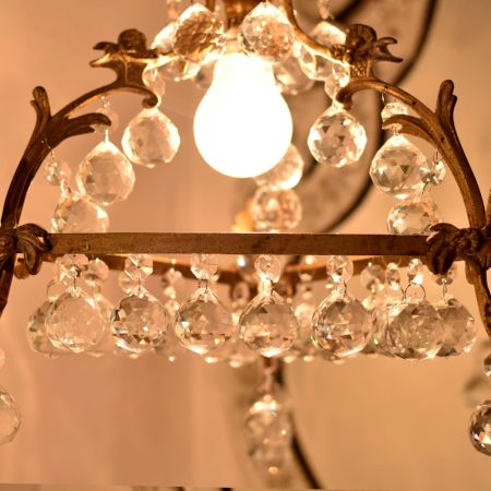 Vintage Italian Style Brass Enameled Chandelier with Octagonal Crystal Drops